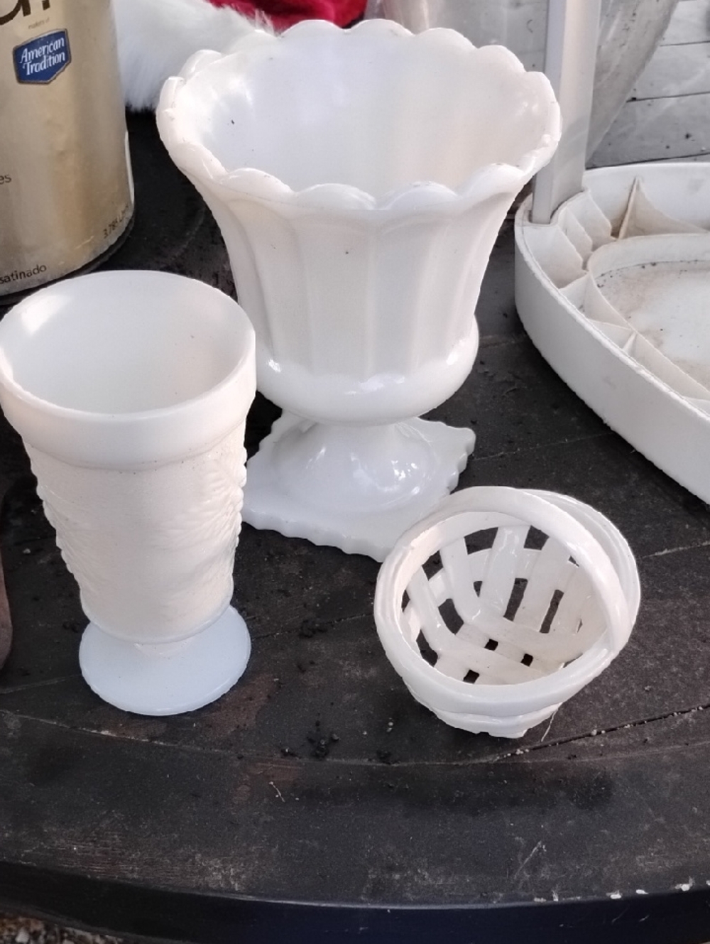 Vintage White Milk Glass Vases and Basket Set